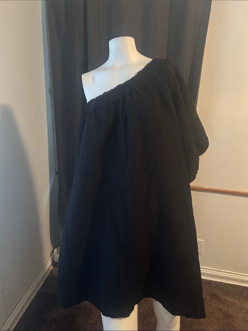 By Anthropologie Women's One-Shoulder Waistless Black Linen blend Mini dress